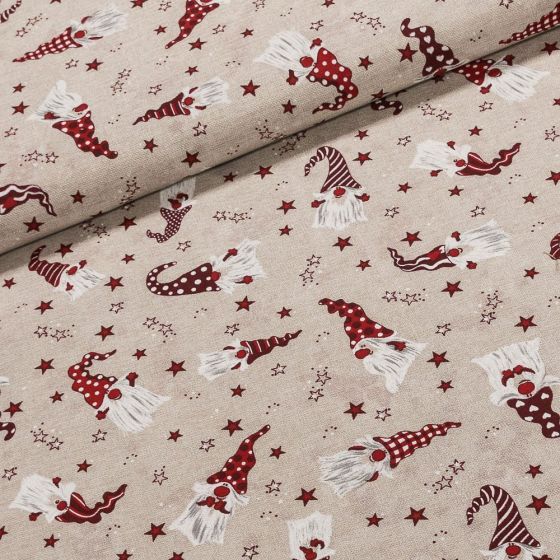 Směsové plátno vánoční GNOMOS ROJO červený skřítek na režné, š.140cm (látka v metráži)