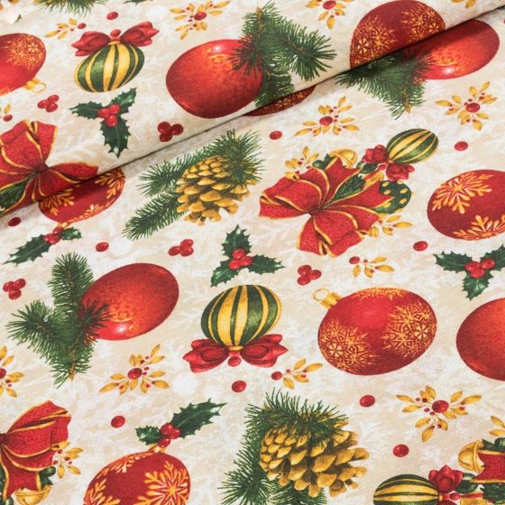 Směsové plátno vánoční LONETA 803030 CORENTIN, baňky a šišky na béžové, š.140cm (látka v metráži)