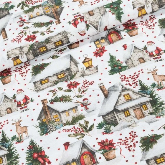 Směsové plátno vánoční LONETA 803030 UNICO, domečky na bílé, š.140cm (látka v metráži)