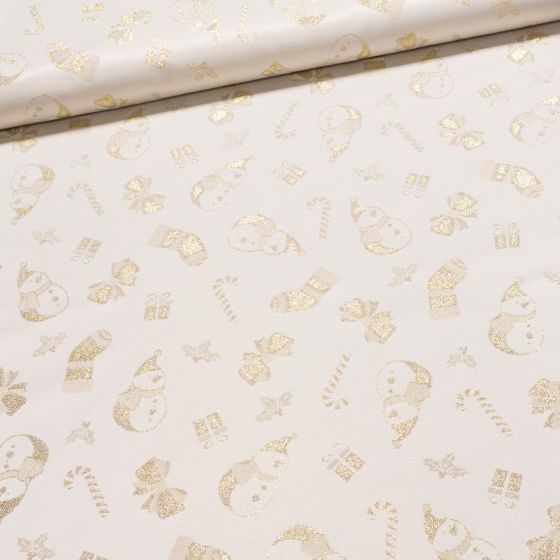 Směsové plátno vánoční REGALOS ORO zlatí sněhuláci, lurex, š.140cm (látka v metráži)