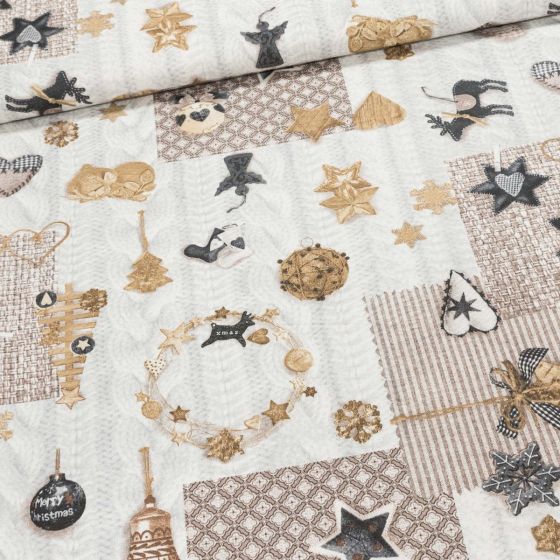 Směsové plátno vánoční VADA BÉŽOVÁ, vánoční motiv na pletenině, š.140cm (látka v metráži)