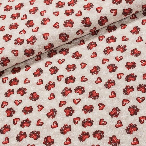 Směsové plátno vánoční VIXEN červená srdíčka na béžové s vločkami, š.140cm (látka v metráži)