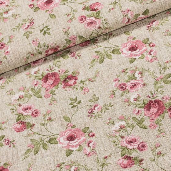Směsové plátno VERA ROSA růže na pytlovině, růžová, š.140cm (látka v metráži)