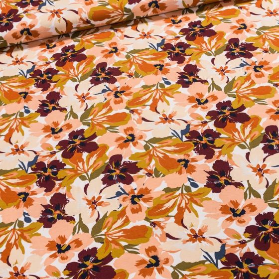 Směsový úplet 09906-001 oranžové a béžové květy, š.150cm (látka v metráži)