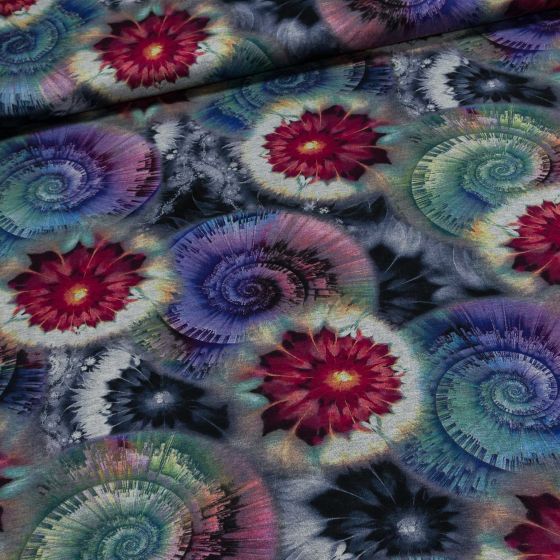 Směsový úplet 31379001, abstraktní vzor šnek, květy, vícebarevný, š.150cm (látka v metráži)