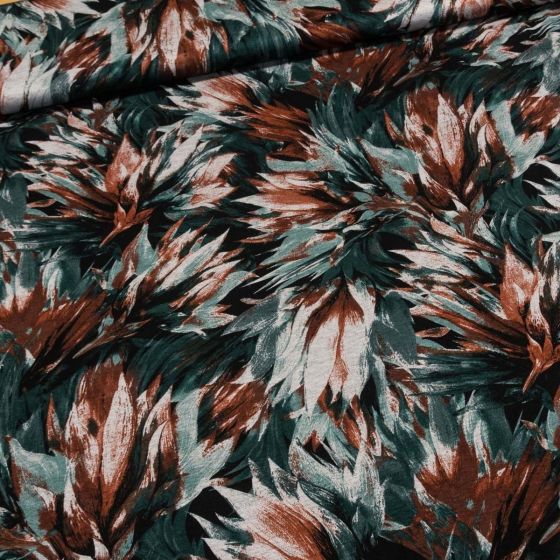 Směsový úplet N18135/124 zeleno-hnědé květy, š.150cm (látka v metráži)