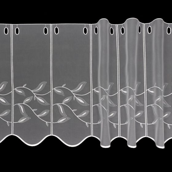 Voálová vitrážová záclona 13/727 vyšívané lístky, bílá (více výšek, v metráži)