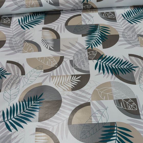 Ubrus PVC s textilním podkladem 193.4, tmavě zelené listy a šedá geometrie, š.140cm (metráž)