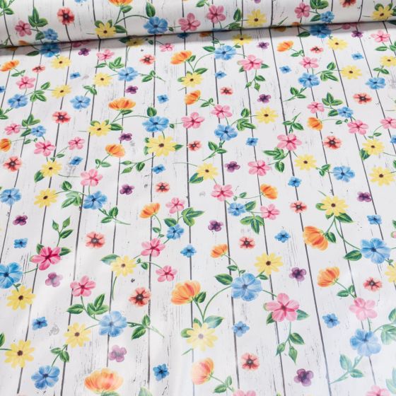 Ubrus PVC s textilním podkladem 200 A, barevné květiny na smetanovém dřevě, š.140cm (metráž)