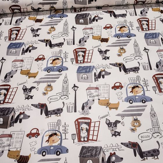 Ubrus PVC s textilním podkladem 4R3/03 DOGGY, pejsci a boudy na bílé, š.140cm (metráž)