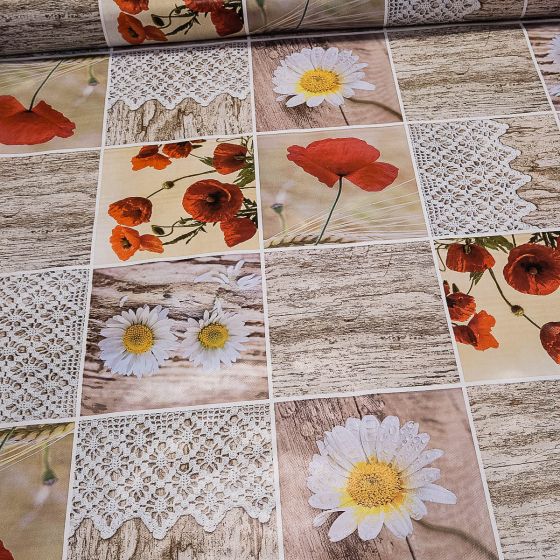 Ubrus PVC s textilním podkladem 511-1 vlčí máky a krajka na béžovém káru, š.140cm (metráž)