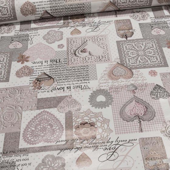 Ubrus PVC s textilním podkladem 606-2, krajka a srdce, starorůžová, š.140cm (metráž)