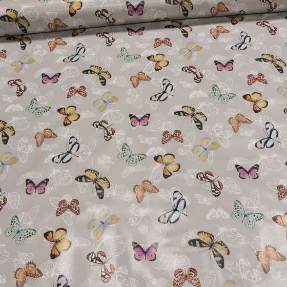 Ubrus PVC s textilním podkladem 607-1, barevní motýli, šedá, š.140cm (metráž)