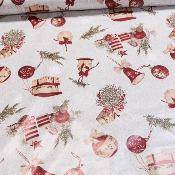 Ubrus PVC s textilním podkladem vánoční 473.1 vánoční ozdoby na béžové, š.140cm (metráž)
