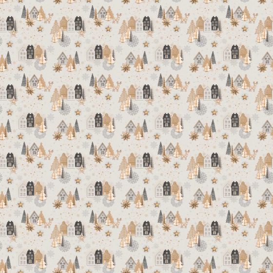 Ubrus PVC s textilním podkladem vánoční 6378-01, vánoční zlatá vesnička na bílé, š.140cm (metráž)