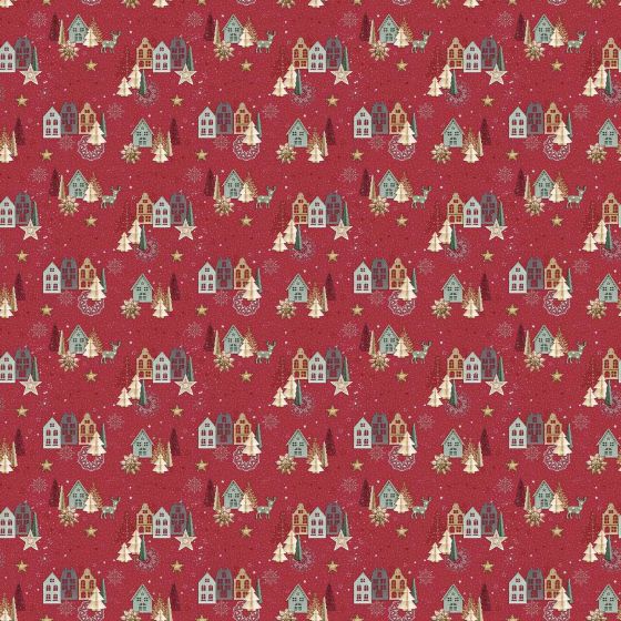 Ubrus PVC s textilním podkladem vánoční 6378-04, vánoční zlatá vesnička na červené, š.140cm (metráž)