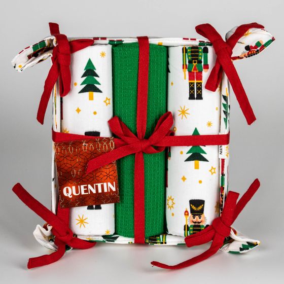 Utěrky dekorační set vánoční, dárkové balení, červená, 3 kusy 40x70cm + látkový košík