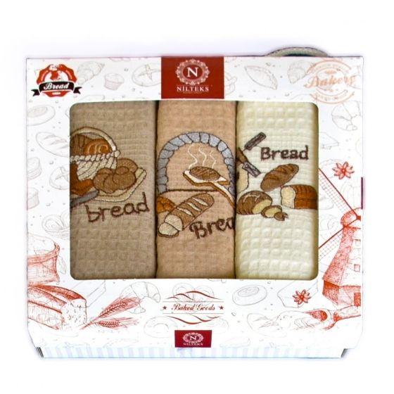 Utěrky MERLIN 91 vaflové vyšívané, dárkové balení, pečivo, béžová, 3 kusy 50x70cm