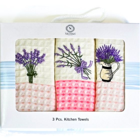 Utěrky MERLIN 92 vaflové vyšívané, dárkové balení, levandule, fialovo-růžová, 3 kusy 50x70cm