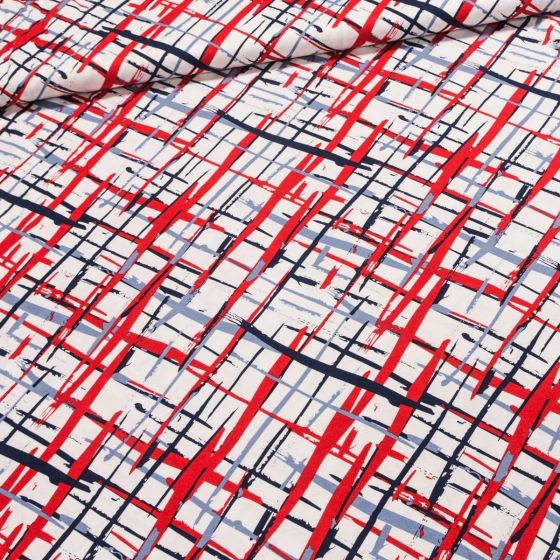 Viskózový úplet 0050/01 modro-červené šmouhy na bílé, š.150cm (látka v metráži)