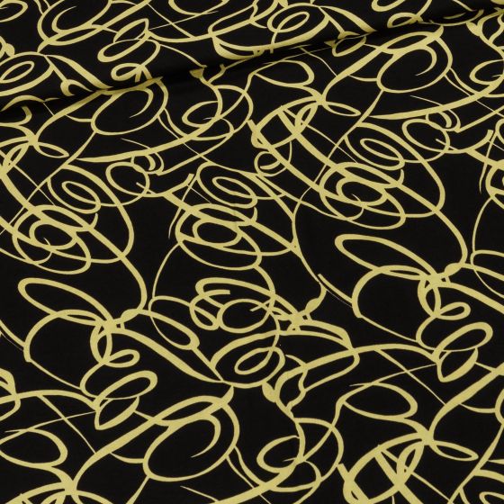 Viskózový úplet 18397/313, žluté krucánky / smyčky na černé, š.150cm (látka v metráži)