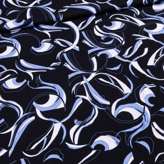 Viskózový úplet 18413/104, modrý ornament na černé, š.150cm (látka v metráži)