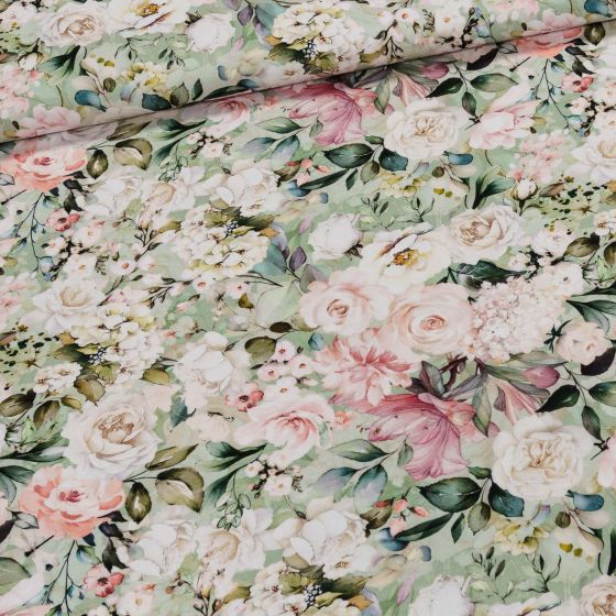 Viskózový úplet B0264, čajové růže na světle zelené, š.160cm (látka v metráži)