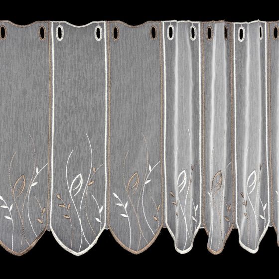 Voálová vitrážová záclona 13566 vyšívané hnědé lístky, s bordurou, smetanová (více výšek, v metráži)