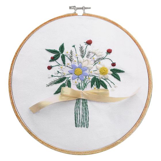 Vyšívací sada s předtištěným motivem 380732/6, modro-bílé květiny (rámeček, předtisk, jehly a příze), průměr 20,2cm