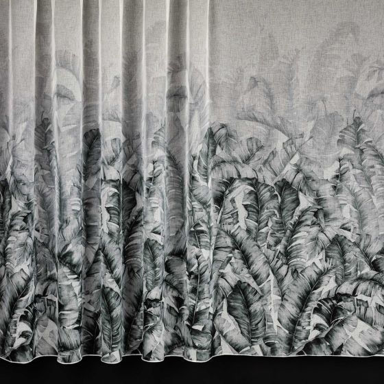 Záclona / lehká závěsovina polyesterový batist 4096/1, zeleno-šedé listy na smetanové, s olůvkem, (více výšek, v metráži)