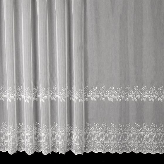 Záclona polyesterový batist V407 vyšívané listy, s bordurou, bílá, (více výšek, v metráži)