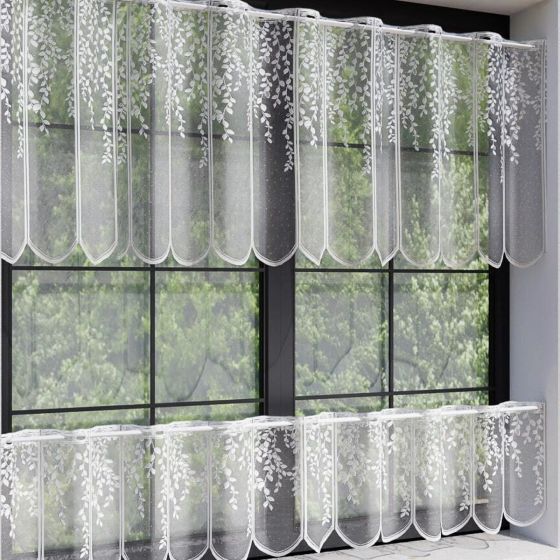 Žakárová vitrážová záclona 607414/011, lístečky, bílá (více výšek, v metráži)