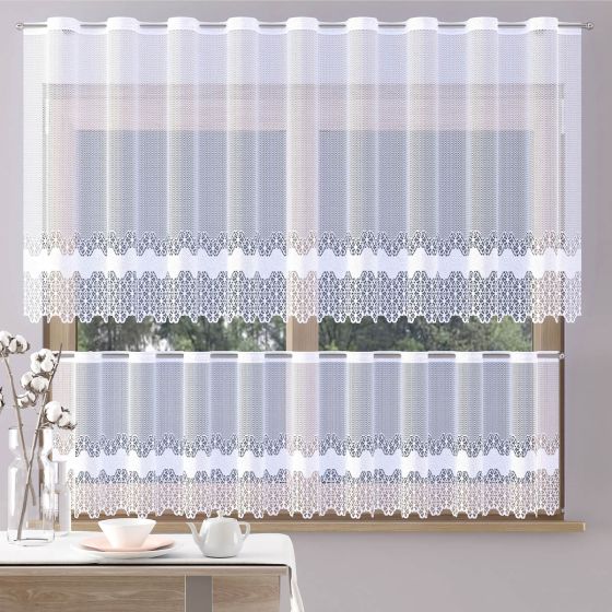 Žakárová vitrážová záclona EMILY, květinový vzor, s bordurou, bílá, (více výšek, v metráži)
