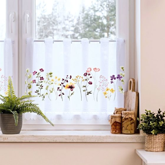 Žakárová vitrážová záclona KVÍTÍ TISK, barevné květiny, bílá, s bordurou (více výšek, v metráži)