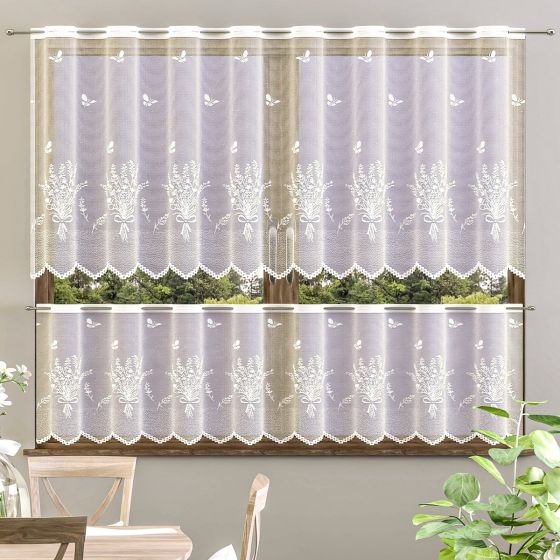 Žakárová vitrážová záclona VIOLA, levandule, bílá (více výšek, v metráži)
