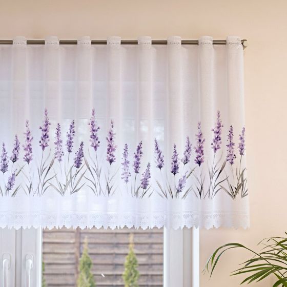 Žakárová vitrážová záclona LEVANDULE TISK, levandule fialová, bílá, s bordurou (více výšek, v metráži)
