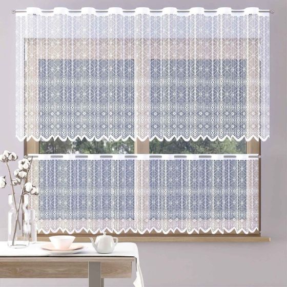 Žakárová vitrážová záclona MIA, geometrický vzor, s bordurou, bílá, (více výšek, v metráži)