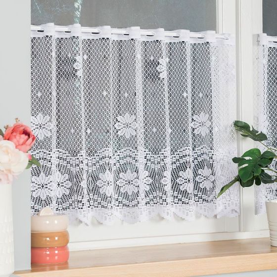 Žakárová vitrážová záclona NOLA 779/031, květinový vzor s bordurou, bílá, (více výšek, v metráži)