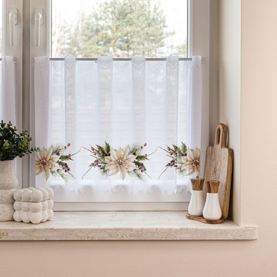 Žakárová vitrážová záclona VÁNOČNÍ HVĚZDA 361910, vánoční vzor s bordurou, barevná (více výšek, v metráži)