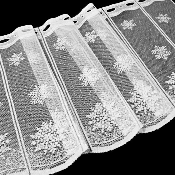 Žakárová vitrážová záclona VLOČKY 36310, zimní, vánoční vzor s bordurou, bílá (více výšek, v metráži)