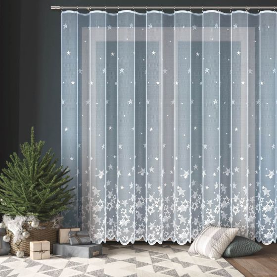 Žakárová záclona HVĚZDY 36134 zimní, vánoční vzor, s bordurou, bílá (více výšek, v metráži)