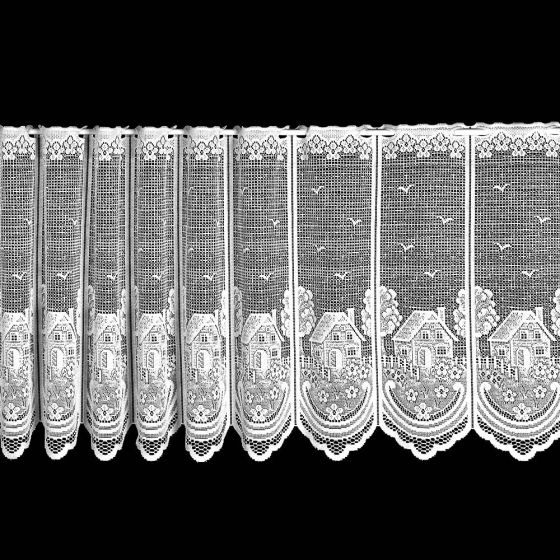 Žakárová vitrážová záclona DOMEČKY DD695, bílá (více výšek, v metráži)