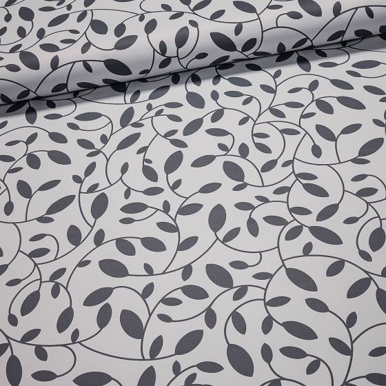 Zatemňovací / termoizolační závěs, blackout 10076/02 šedé listy na bílé, šířka 150cm (látka v metráži)