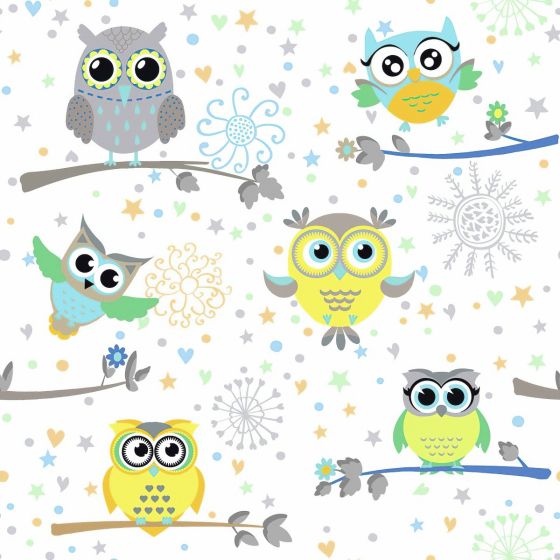 Zatemňovací / termoizolační závěs, dětský blackout 361038-103 SOVY na větvi, zelené, šířka 150cm (látka v metráži)