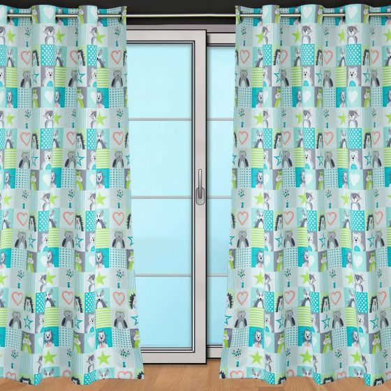 Zatemňovací / termoizolační závěs dětský, blackout 10004/10 ZVÍŘÁTKA PEXESO, tyrkysovo-bílý, šířka 150cm (látka v metráži)