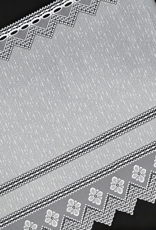 Žakárová vitrážová záclona 605962/001, květiny s proužkem, s bordurou, bílá (více výšek, v metráži)