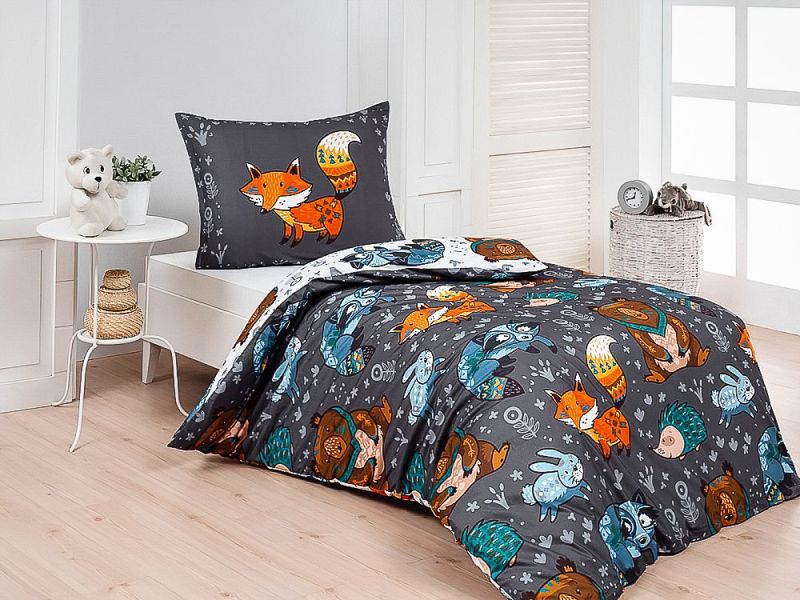 Dětské povlečení Matějovský FOXIE, lišky a lesní zvířátka, šedé, bavlna hladká digitál, 140x200cm + 70x90cm