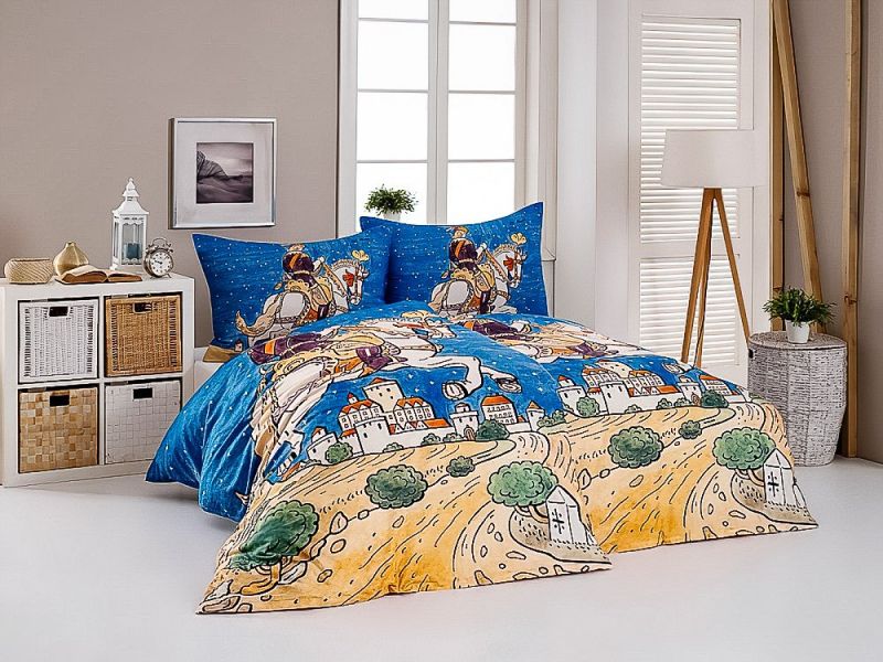 Povlečení Matějovský JOSEF LADA POPELÁK, modro-béžové, bavlna hladká digitál, 140x200cm + 70x90cm