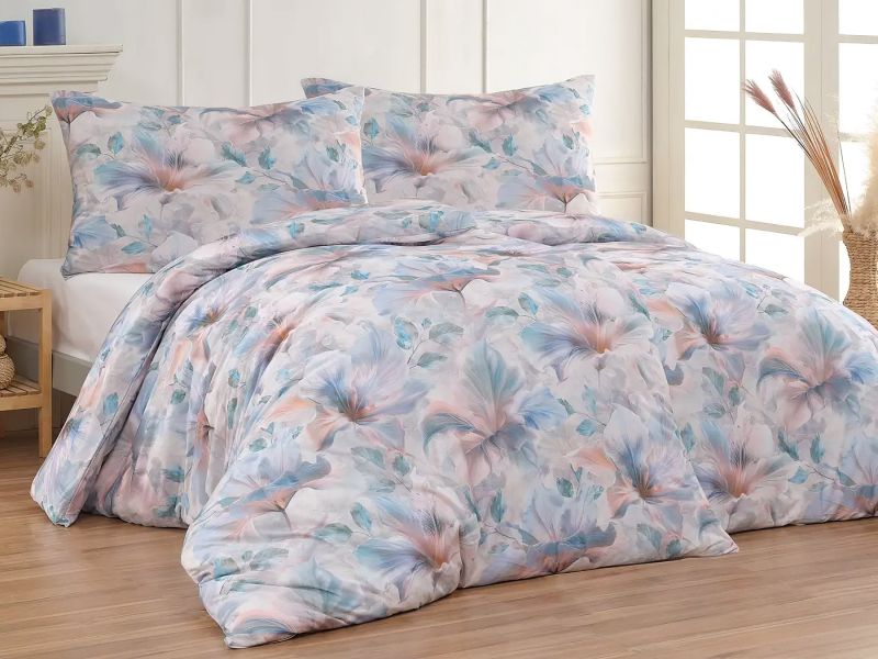 Povlečení Matějovský EDEN, modré a lososové květy, mako jersey, 140x200cm + 70x90cm