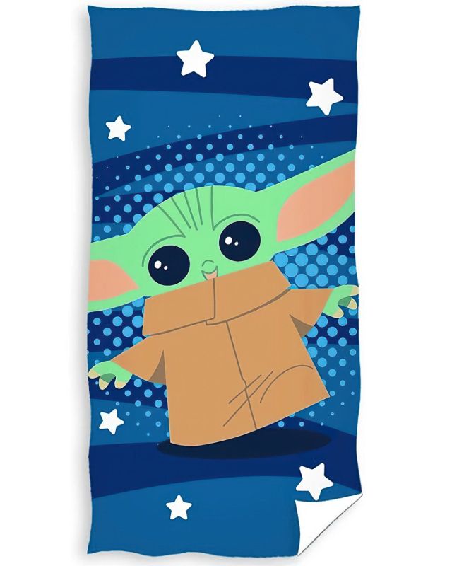 Dětská plážová osuška STAR WARS BABY YODA A HVĚZDIČKY, tmavě modrá, froté, 70x140cm